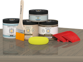 Weathered wood countertop kit for kitchen island by Retique It®, featuring stain application on a wooden surface.