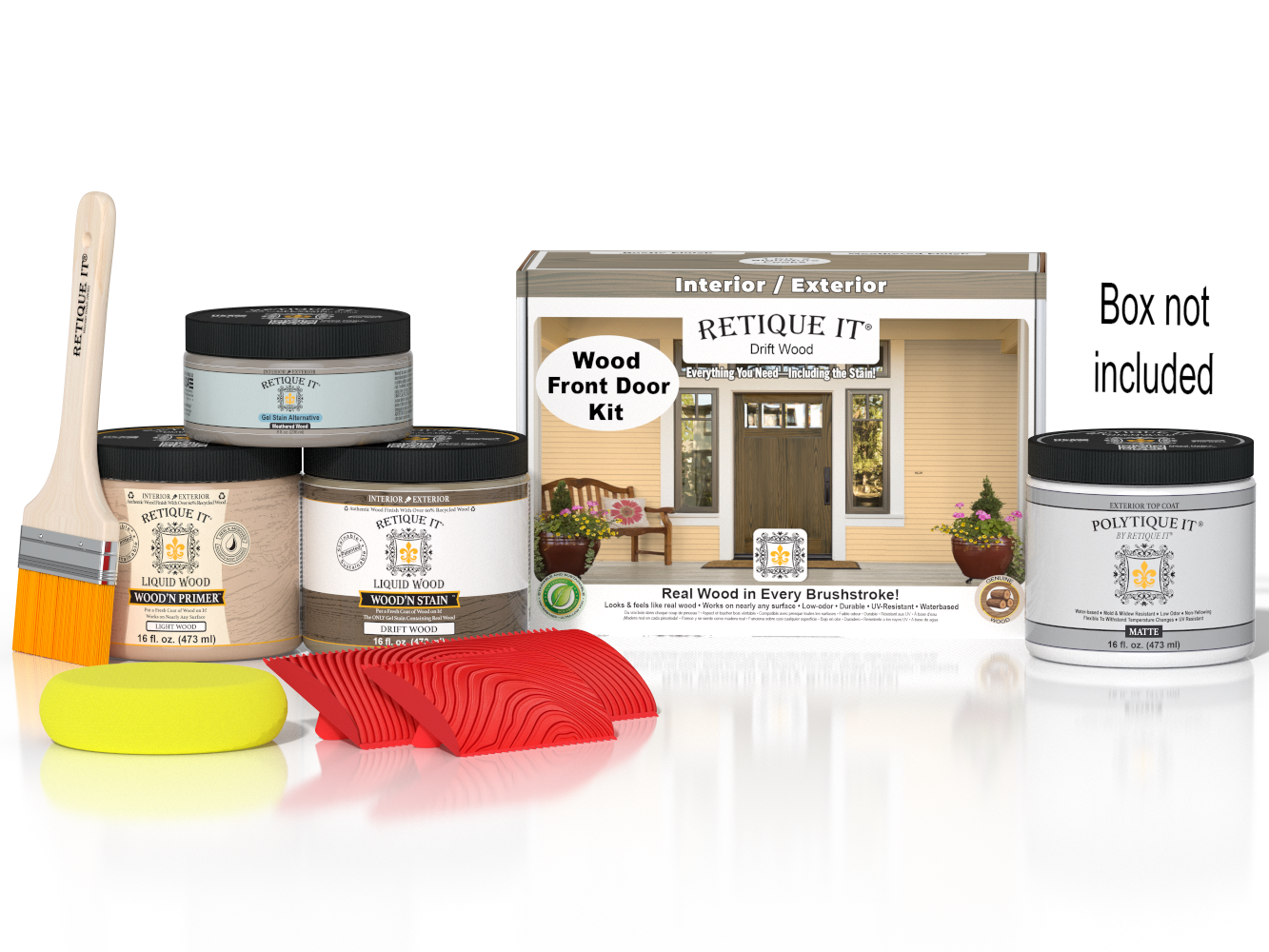 Retique It Wood'n Finish Front Door Kit in Drift Wood stain showing the door with natural wood grain and finish application.