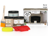Retique It Fireplace Wood'n Finish Kit in Drift Wood stain, featuring a full fireplace with wood-tone stain and finishing supplies.