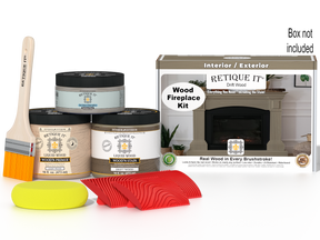 Retique It Fireplace Wood'n Finish Kit in Drift Wood stain, featuring a full fireplace with wood-tone stain and finishing supplies.