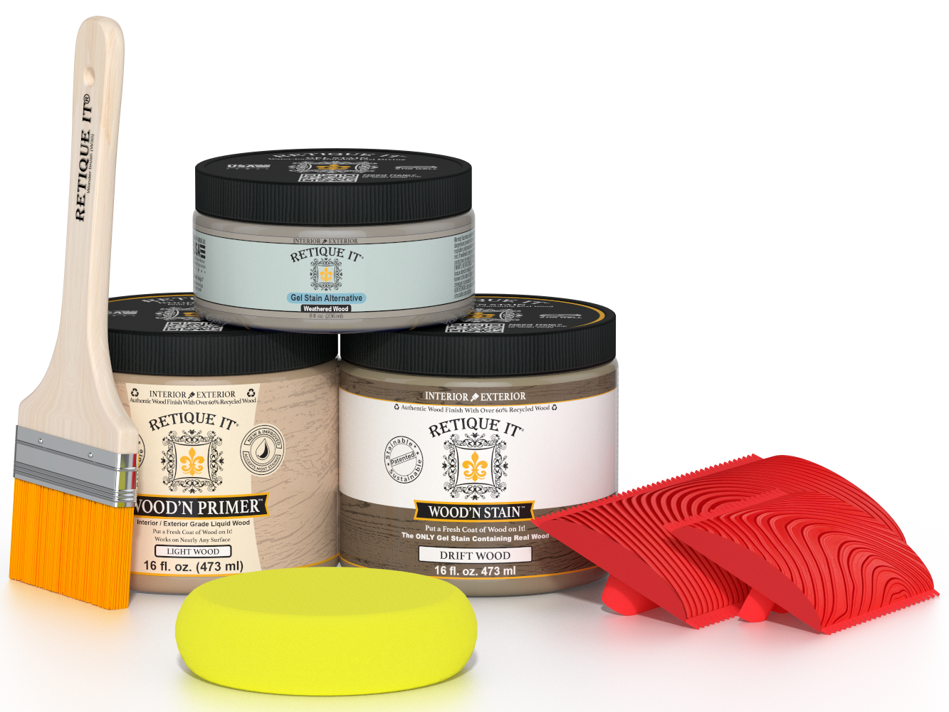 Retique It Fireplace Wood'n Finish Kit in Drift Wood stain, includes full fireplace stain application and finishing products.