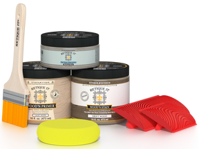 Retique It Fireplace Wood'n Finish Kit in Drift Wood stain, includes full fireplace stain application and finishing products.