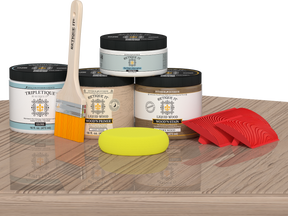 Retique It Wood'n Finish Kit in French Oak for tabletops, featuring stain bottles and application tools on a wooden surface.