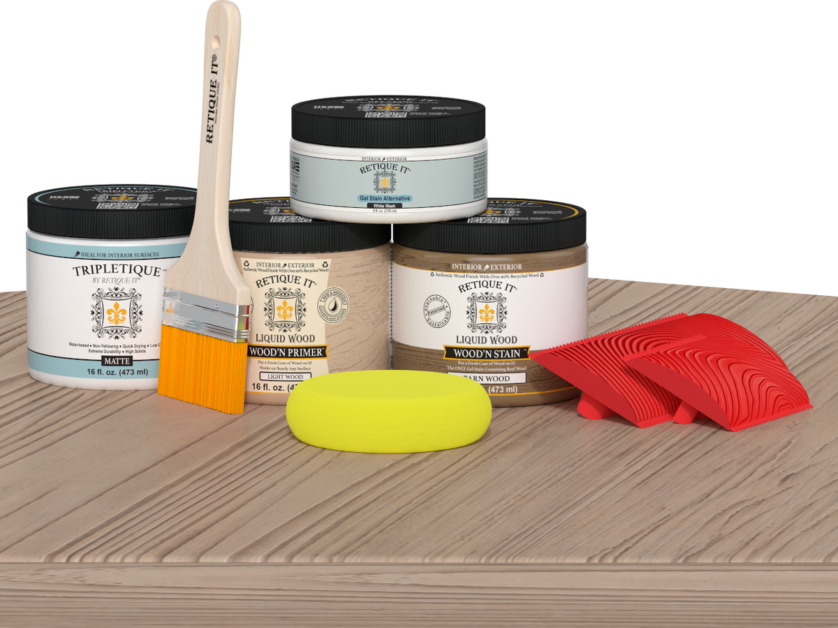 Retique It® Wood'n Kit in French Oak for interior wood finishing, shown with the top coat application on a table.