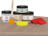 Retique It Wood'n Finish Kit in French Oak stain for tabletops, featuring double-sized stain bottles and application tools.