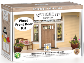 Retique It Wood'n Finish Front Door Kit in French Oak stain, showcasing the stained wooden front door with a natural oak finish.