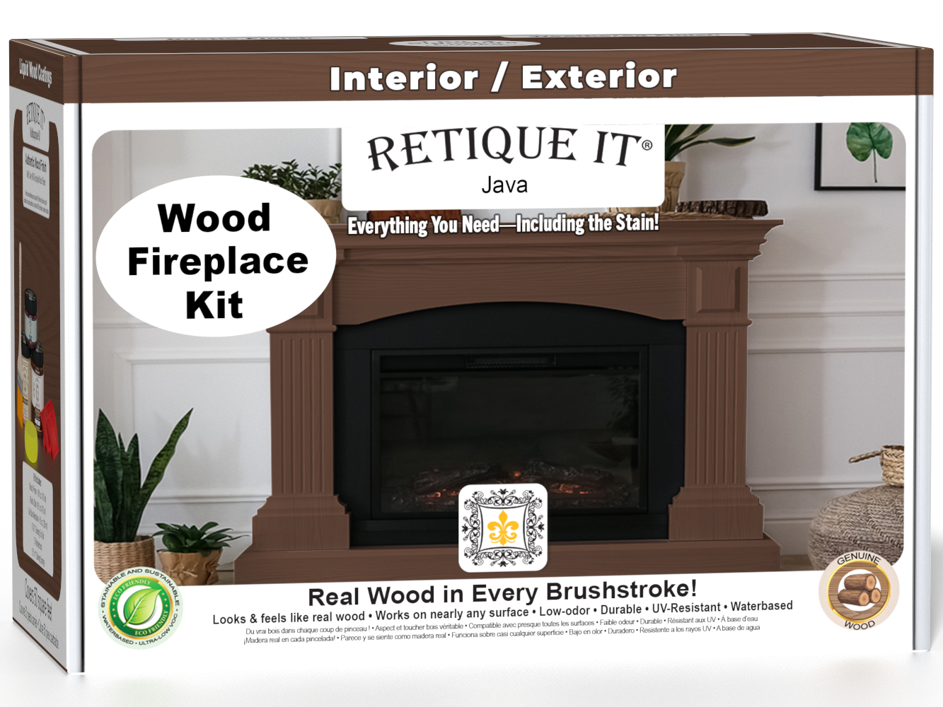 Retique It® Fireplace Wood'n Finish Kit in Java with stain box and full fireplace application, showcasing wood finish options.