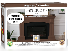Retique It® Fireplace Wood'n Finish Kit in Java with stain box and full fireplace application, showcasing wood finish options.