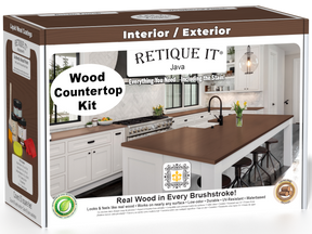 Retique It® Java countertop kit for kitchen island with stain products, featuring a box of stains for countertop refinishing.