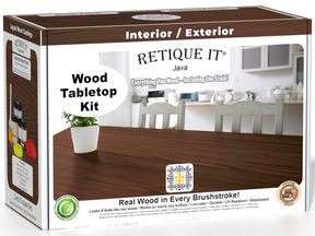 Retique It® Wood'n Finish Kit in Java for tabletops, featuring stain bottles, brush, and finishing tools in a double-sized box.