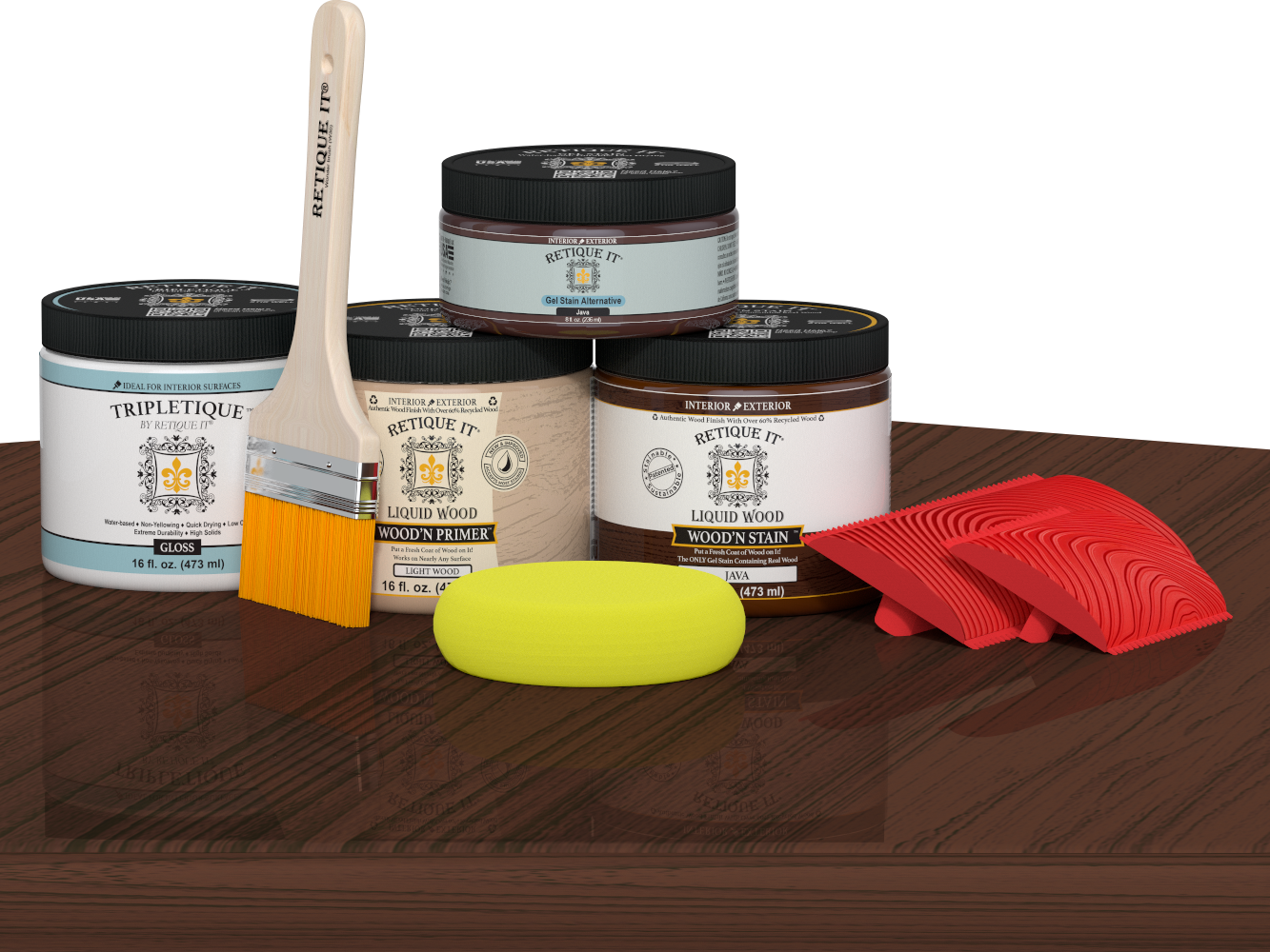 Double-size Java wood stain kit by Retique It® for tabletops, featuring wood finish stains in a natural wood tone.