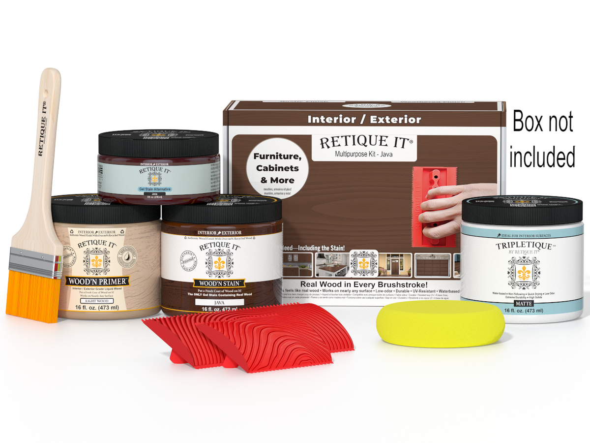 Retique It® Wood'n Finish Kit Java interior top coat in a box, for multi-purpose wood finishing projects.