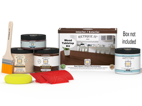 Retique It® Wood'n Finish Kit Double Size Java stain for tabletops, includes stain bottles and application tools.