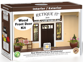 Retique It Wood'n Finish Java front door kit with stain and tools, showing a boxed door finishing set for wood doors.