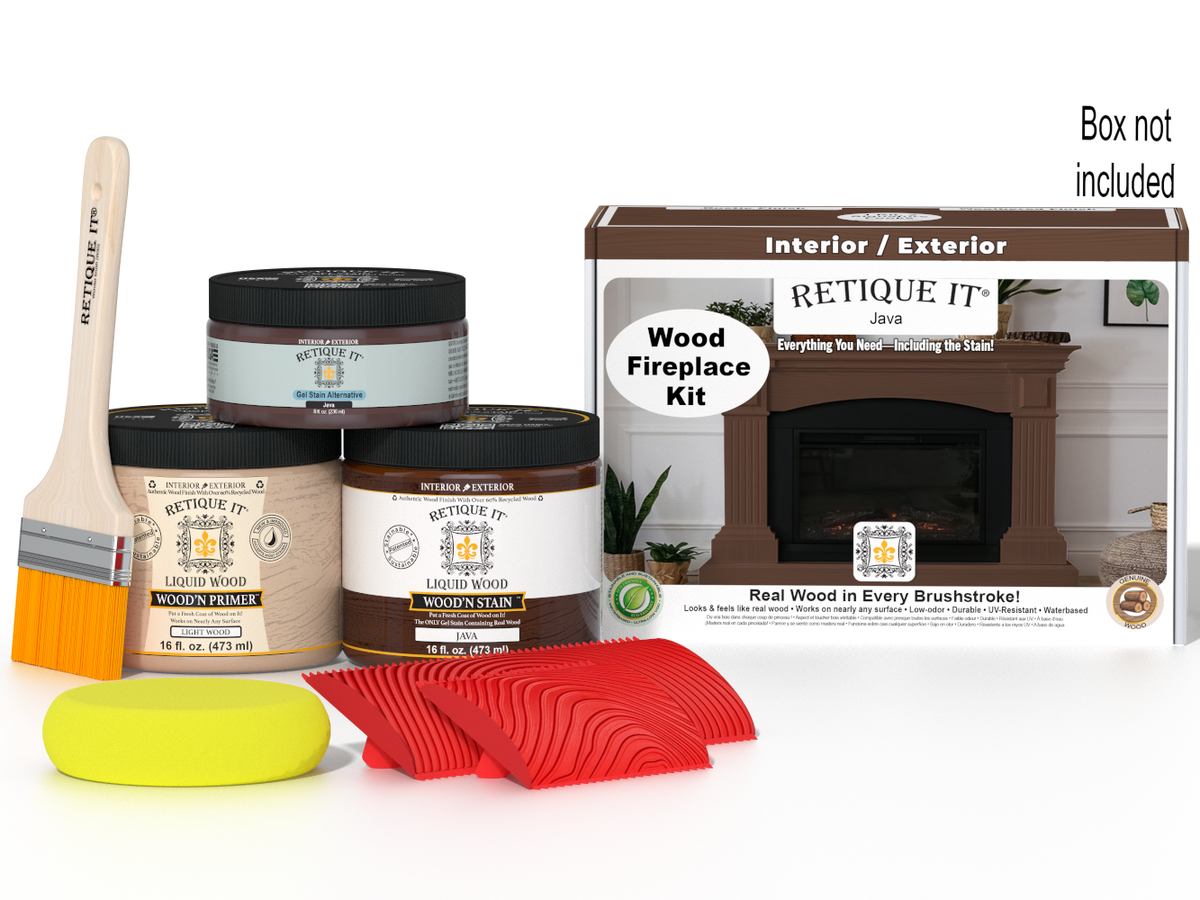 Retique It® Wood'n Finish Kit for full fireplace in Java stain, showing the stain container and packaging for a natural wood finish.