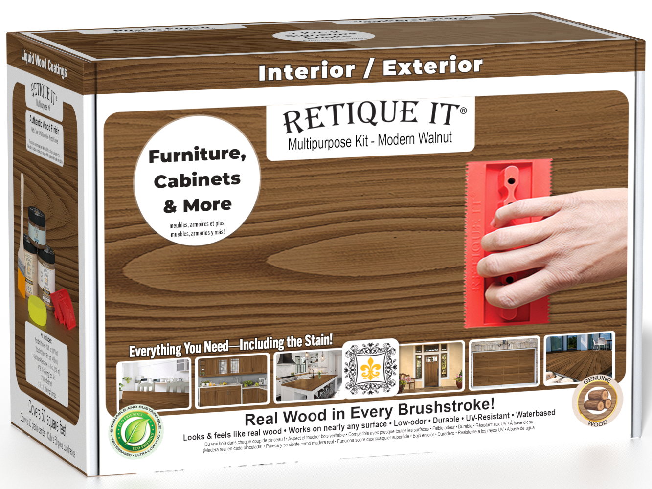 Retique It® Wood'n Kit in Modern Walnut for interior topcoat, featuring a multi-purpose finish kit with wood stain and topcoat in a box.