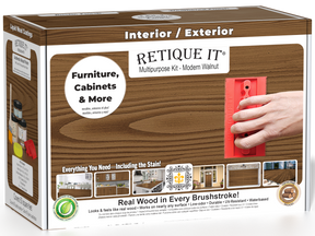 Retique It® Wood'n Kit in Modern Walnut for interior topcoat, featuring a multi-purpose finish kit with wood stain and topcoat in a box.