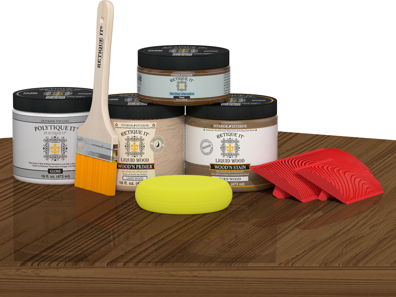Retique It® Wood'n Finish Kit in Modern Walnut with exterior topcoat, featuring wood finish application tools on a table.