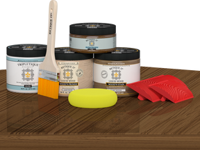 Retique It® Multi-purpose Wood'n Kit in Modern Walnut for interior topcoat, featuring wood finish and application tools on a table.