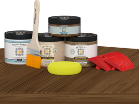 Multi-purpose Wood'n Kit in Modern Walnut by Retique It® on a table, featuring interior topcoat for wood finishing projects.