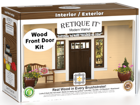 Retique It Wood'n Finish Modern Walnut front door kit with stain, featuring a sleek walnut wood grain finish and hardware details.
