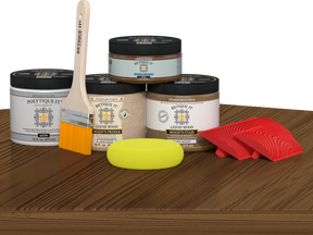 Retique It® Modern Walnut Wood Kit with primer, stains, satin topcoat, brush, yellow sponge, and red graining tools.