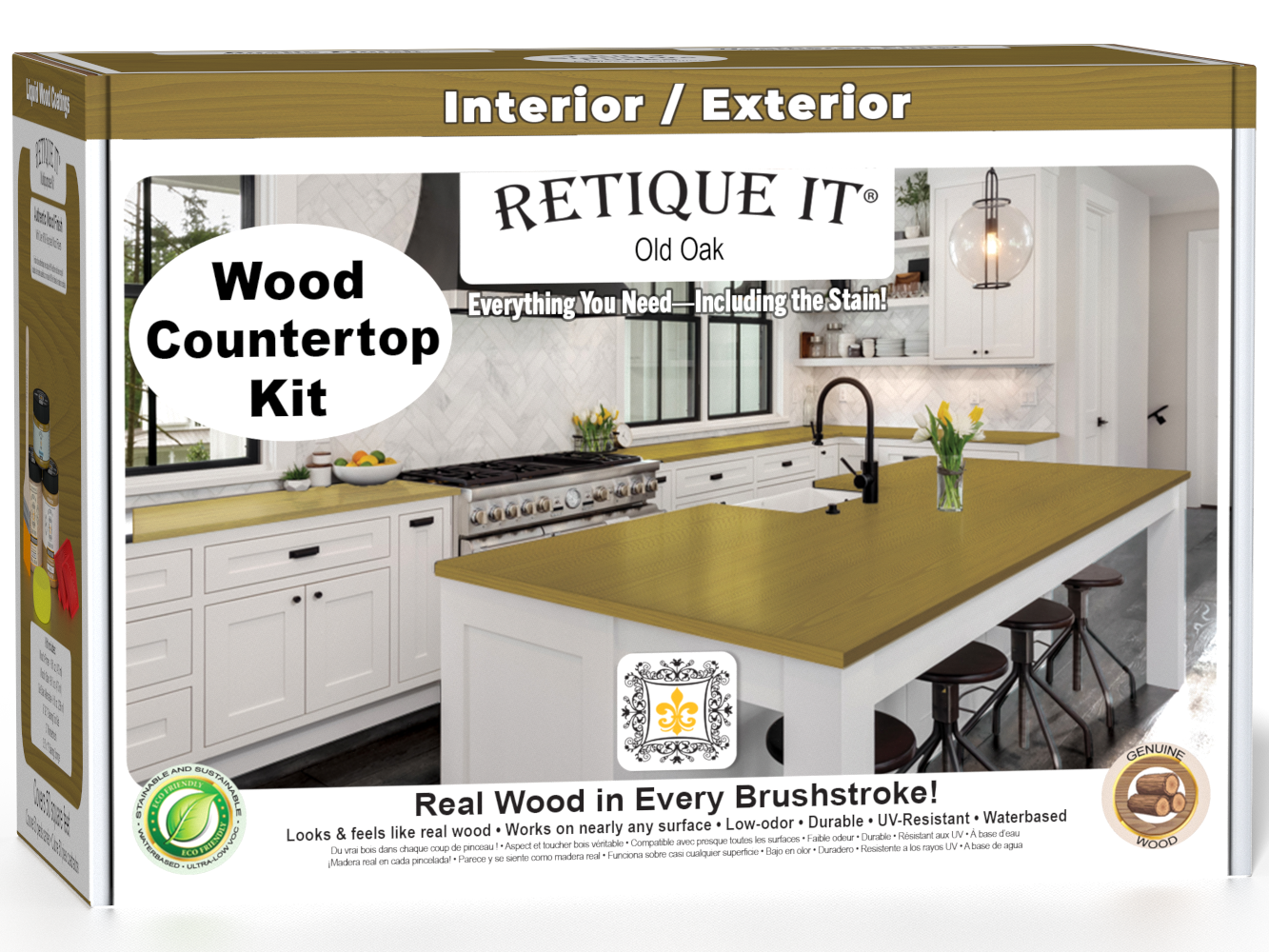 Retique It® Old Oak countertop kit with stains, designed for kitchen islands, featuring a natural wood grain finish.