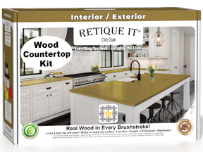 Retique It® Old Oak countertop kit with stains, designed for kitchen islands, featuring a natural wood grain finish.