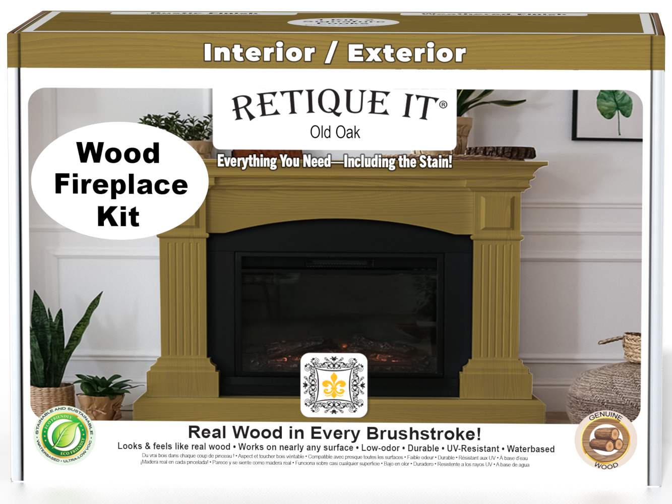 Retique It® Fireplace Wood'n Finish Kit in Old Oak stain, showing the full fireplace with wood finish application.
