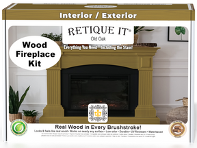 Retique It® Fireplace Wood'n Finish Kit in Old Oak stain, showing the full fireplace with wood finish application.