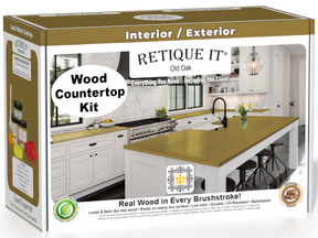 Retique It® Old Oak countertop kit for kitchen islands, featuring stain application on a natural wood surface.