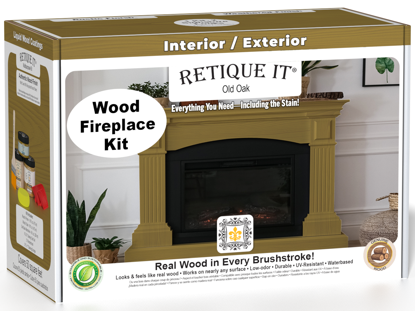 Retique It® Fireplace Wood'n Finish Kit in Old Oak stain, includes stain bottles and applicator tools for full fireplace finishing.