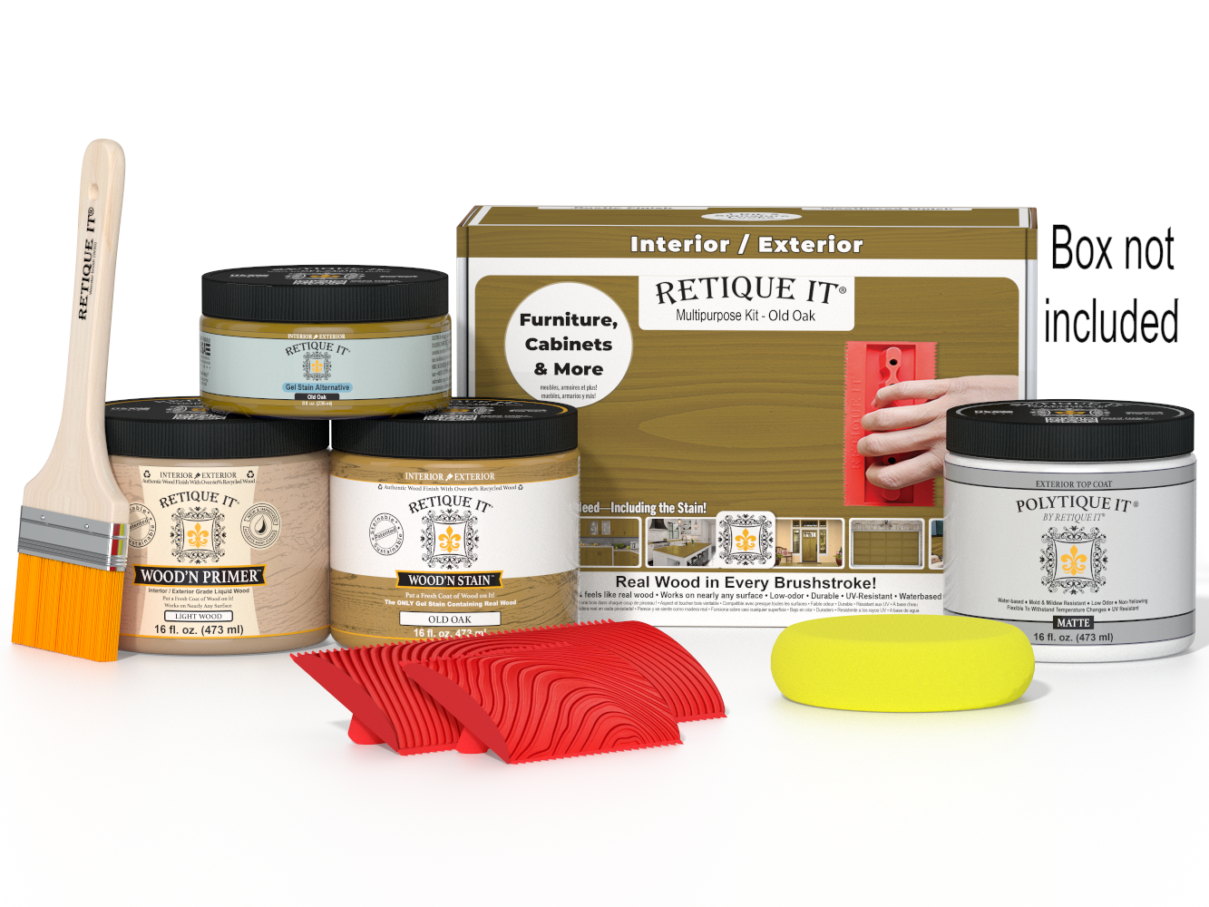 Retique It® Wood'n Finish Kit in Old Oak for exterior top coat, featuring brushes, brushes, and application tools in a box.
