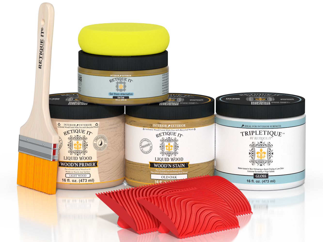 Glossy Old Oak Wood'n Finish Kit by Retique It® for interior top coating, featuring natural wood grain and versatile application.