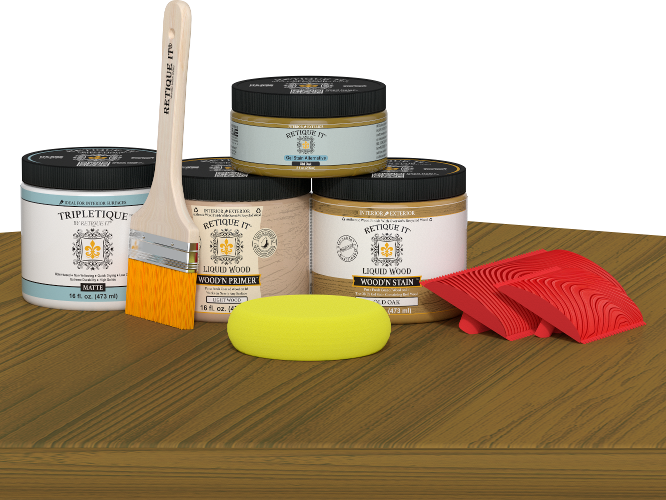 Retique It® Wood'n Finish Kit in Old Oak stain, double size, displayed on a table, showcasing wood stain application.