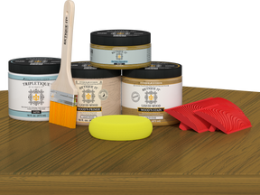 Retique It® Wood'n Finish Kit in Old Oak stain, shown on table surface, features double-sized stain bottles for wood finishing projects.