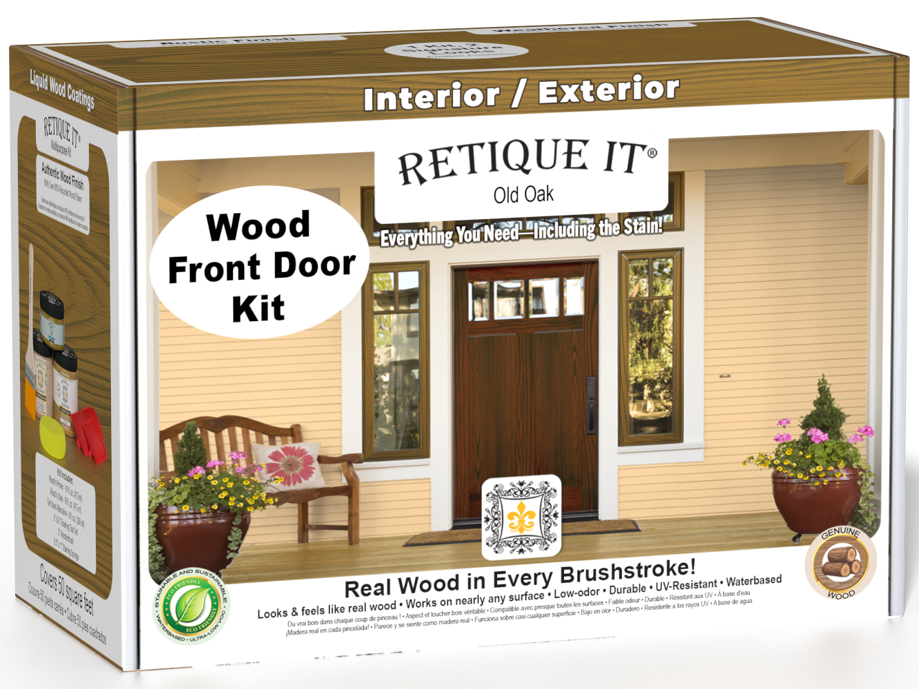 Retique It Wood'n Finish Front Door Kit in Old Oak stain, featuring natural wood grain and finish for a stylish exterior door.
