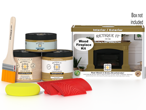 Retique It® Fireplace Wood'n Finish Kit in Old Oak stain, showing a full fireplace with wood finish and stain application.