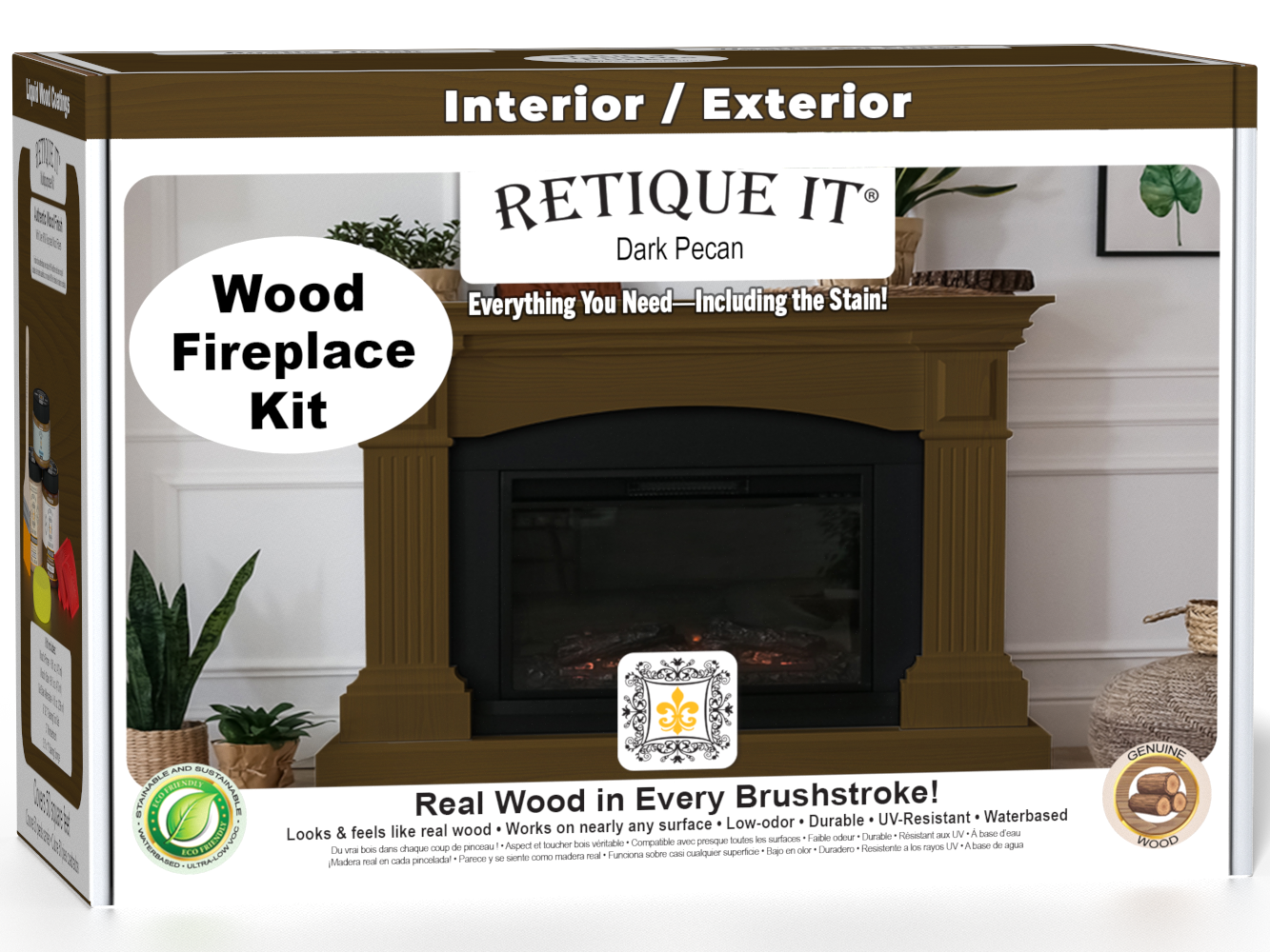 Retique It® Fireplace Wood'n Finish Kit in Dark Pecan stain, featuring a full fireplace with wood finish application tools and materials.