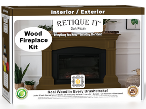 Retique It® Fireplace Wood'n Finish Kit in Dark Pecan stain, featuring a full fireplace with wood finish application tools and materials.