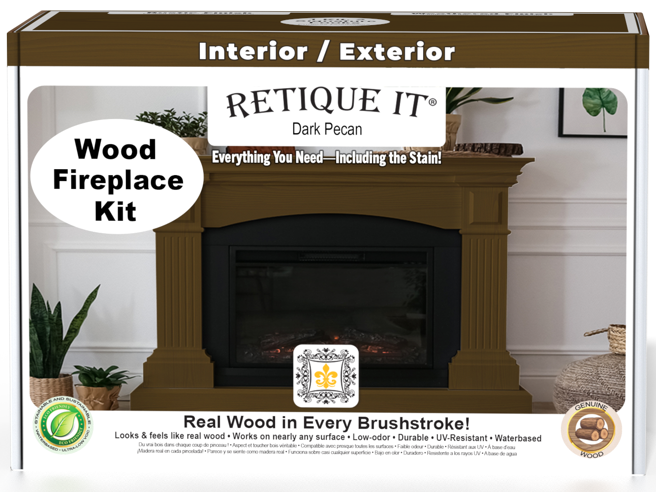 Retique It® Fireplace Wood'n Finish Kit in Dark Pecan stain, shown with stain bottles and applicator tools for full fireplace finishing.