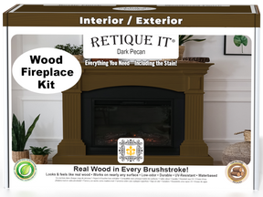 Retique It® Fireplace Wood'n Finish Kit in Dark Pecan stain, shown with stain bottles and applicator tools for full fireplace finishing.