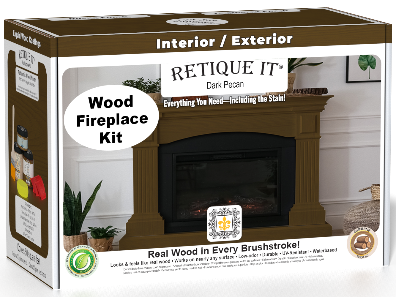 Retique It® Fireplace Wood'n Finish Kit in Dark Pecan stain, showcasing the full fireplace with wood finish and stain application.