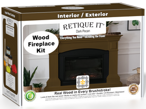 Retique It® Fireplace Wood'n Finish Kit in Dark Pecan stain, showcasing the full fireplace with wood finish and stain application.