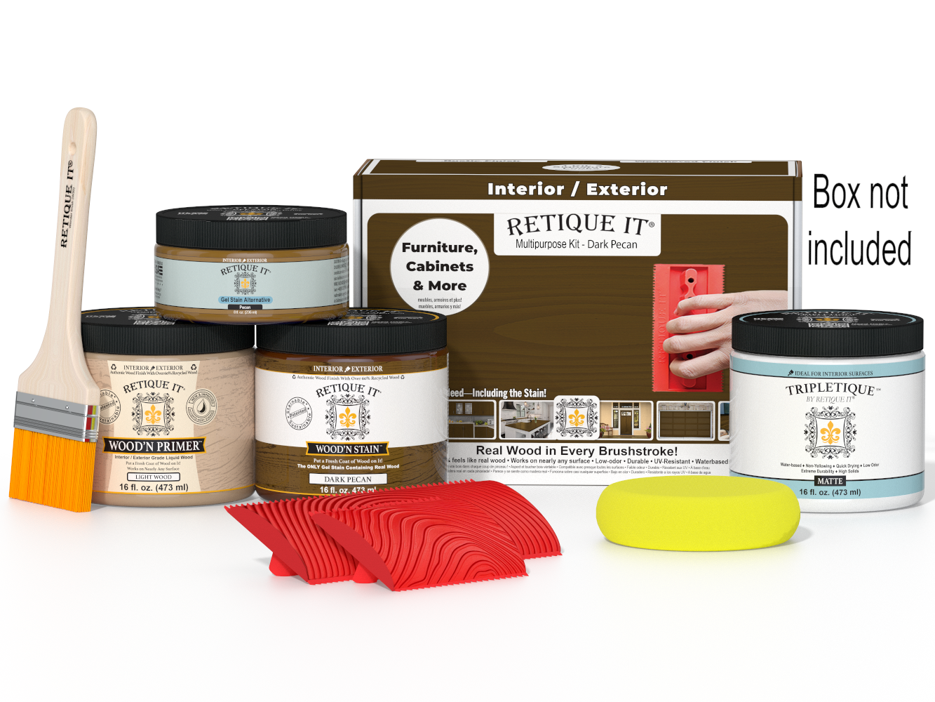 Retique It® Multi-purpose Wood'n Kit in Dark Pecan with interior top coat, featuring wood finish supplies in a box.