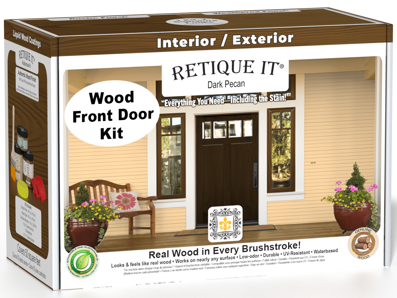 Retique It Wood'n Finish Front Door Kit in Dark Pecan stain, featuring a door with a rich, warm wood finish and detailed grain texture.