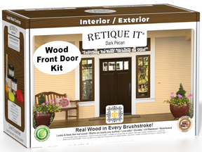 Retique It Wood'n Finish Front Door Kit in Dark Pecan stain, featuring a door with a rich, warm wood finish and detailed grain texture.