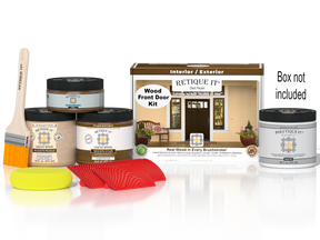 Retique It Wood'n Finish front door kit in Dark Pecan stain, featuring natural wood grain and packaging with door sample.