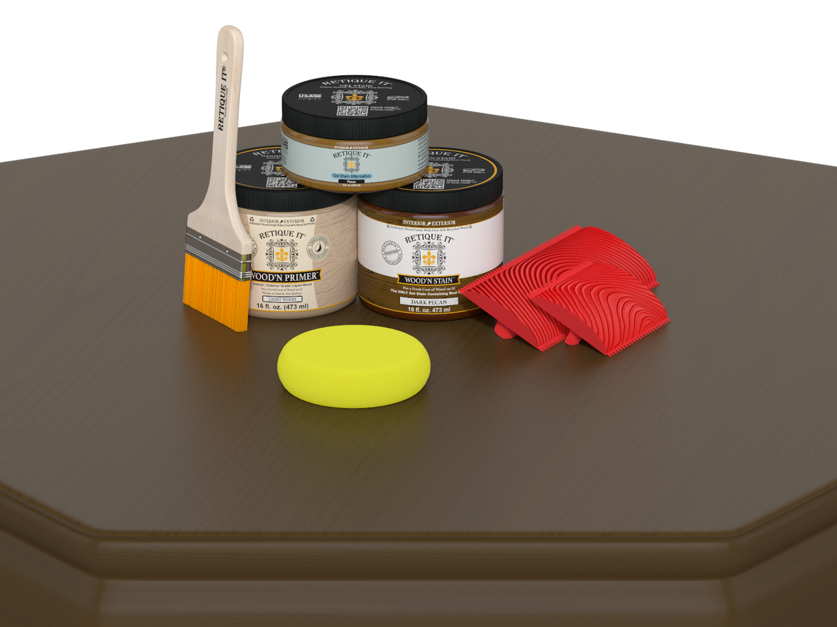 Retique It® dark pecan countertop stain kit applied to a kitchen island, highlighting rich wood grain and smooth finish.