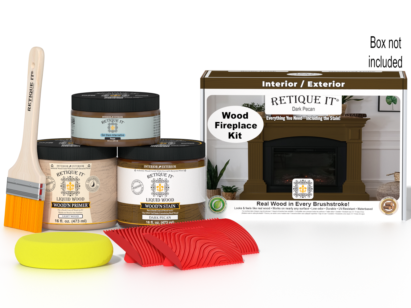 Dark Pecan stain kit for full fireplace by Retique It® with wood finish and application tools included.